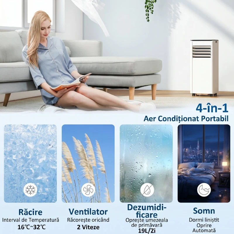 HOMCOM Aer Condiționat Portabil 4 În 1 cu Wifi, 7000 Btu, Alb