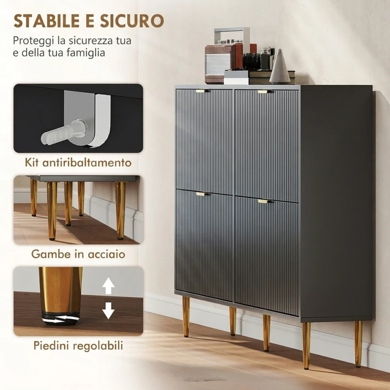 HOMCOM Scarpiera Slim per 20 Paia di Scarpe con 4 Cassetti a Ribalta e Ripiani Regolabili, 105x24x91.5 cm, Nero