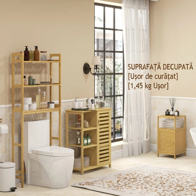 kleankin Dulap pentru Baie din Bambus cu Lamele și Dulap cu O Ușă, 33x36,5x67cm, Culoare Lemn Natural