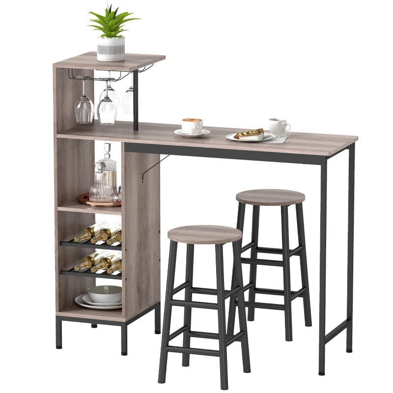 HOMCOM Ensemble table de bar avec tabourets, table à manger debout avec 2 chaises de bar étagères, casiers à vin, gris
