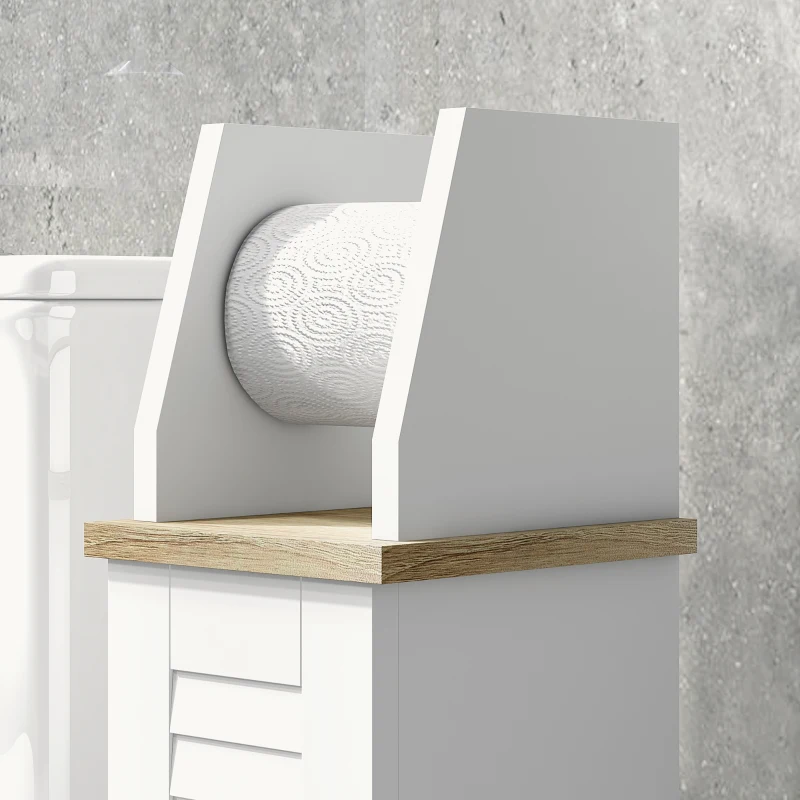 kleankin Mobile Bagno Porta Carta Igienica Salvaspazio con Armadietto e Mensola Regolabile, 18x20x80 cm, Bianco