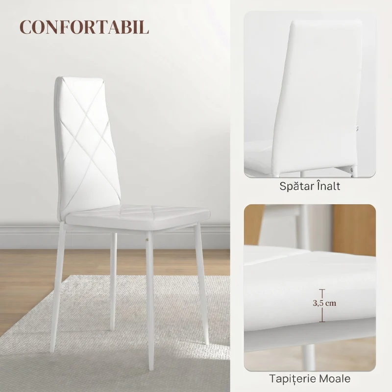 HOMCOM Set de 2 Scaune de Dining Moderne cu Spătar Înalt din Piele Ecologică și Oțel, 41x50x97 cm, Alb