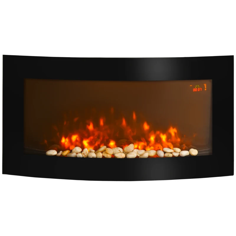 HOMCOM Șemineu Electric de Perete cu Lumină LED în 7 Culori, Putere 1000/2000W și Temperatură 15-30°C, Negru