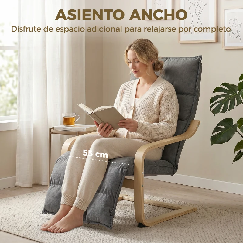 HOMCOM Butaca de Salón Tapizada en Lino con Reposapiés con Balanceo Suave Respaldo Alto Asiento Amplio Gris