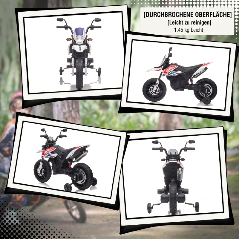 AIYAPLAY Motocicletă electrică pentru copii 12V, 37-96 luni, 2 motoare, roți ajutătoare detașabile, 30 kg, albă