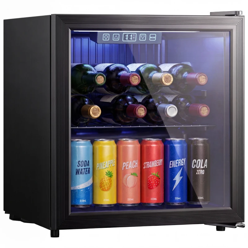 HOMCOM Frigorífico de Bebidas 50 L com Porta de Vidro Duplo Iluminação LED Prateleira Ajustável para 48 Latas