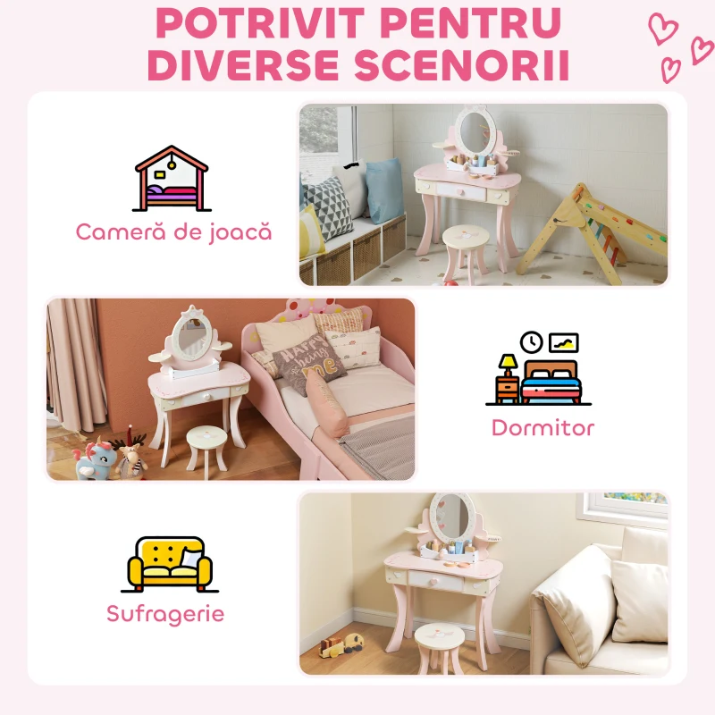 AIYAPLAY Set Măsuță de Toaletă cu Oglindă și Scăunel din Lemn 2 în 1 pentru Copii cu 7 Accesorii Incluse, Roz