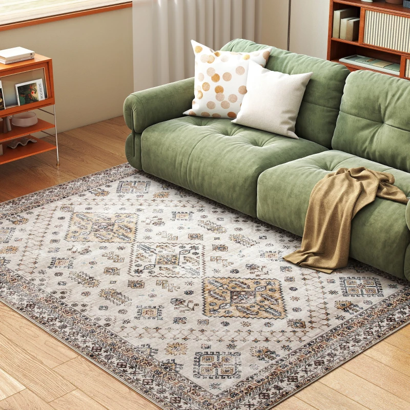 HOMCOM Vintage Area Rug, Non-Slip Washable Rug, Flannel Floor Carpet for Living Room, Bedroom, Dining Room, Home Office, 230 x 160 cm, Beige