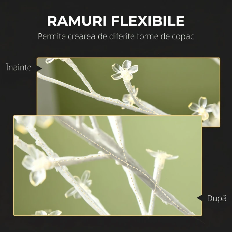 HOMCOM Pom decorativ luminos de mesteacăn cu 180 de lumini LED, înalt de 180 cm, cu 3 niveluri de luminozitate, pentru interior și exterior, alb