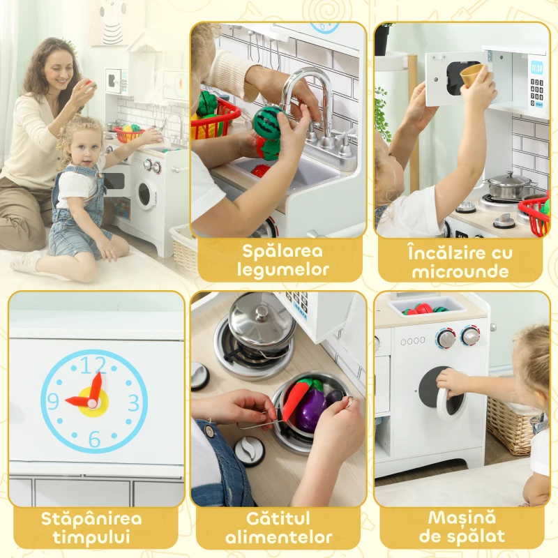 AIYAPLAY Bucătărie de Jucărie pentru Copii 3-6 Ani din Lemn cu Set de Accesorii, Chiuvetă și Butoane cu Sunete, Alb