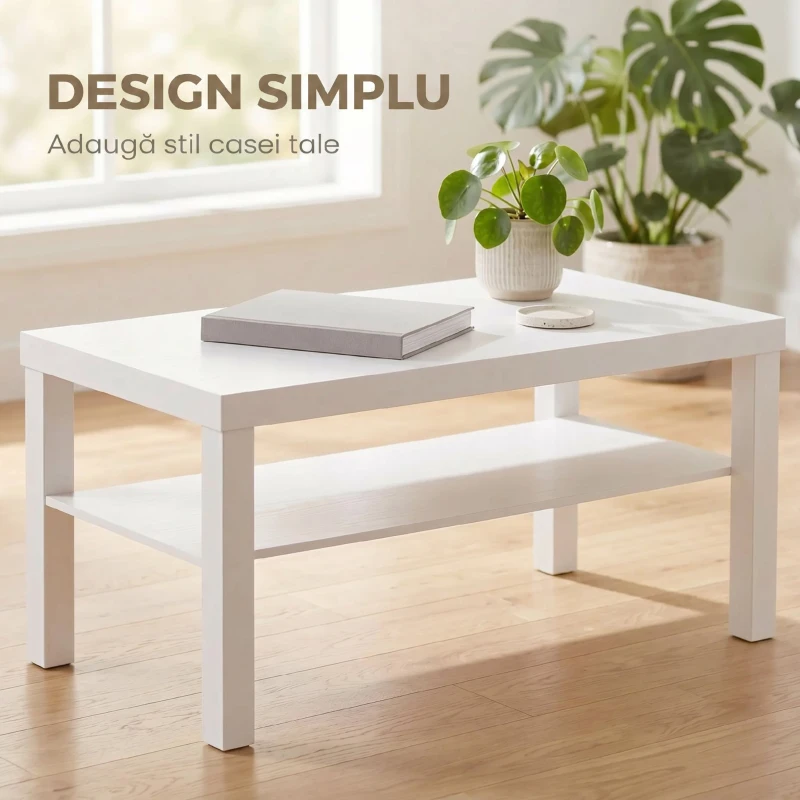 HOMCOM Măsuță de living dreptunghiulară cu poliță mare, 90 x 45 x 44,5 cm, alb