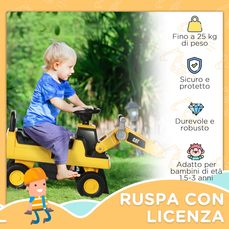 HOMCOM Ruspa Giocattolo per Bambini 18 e 36 Mesi con Escavatore e Spazio Portaoggetti, 78x29.5x54 cm, Giallo e Nero