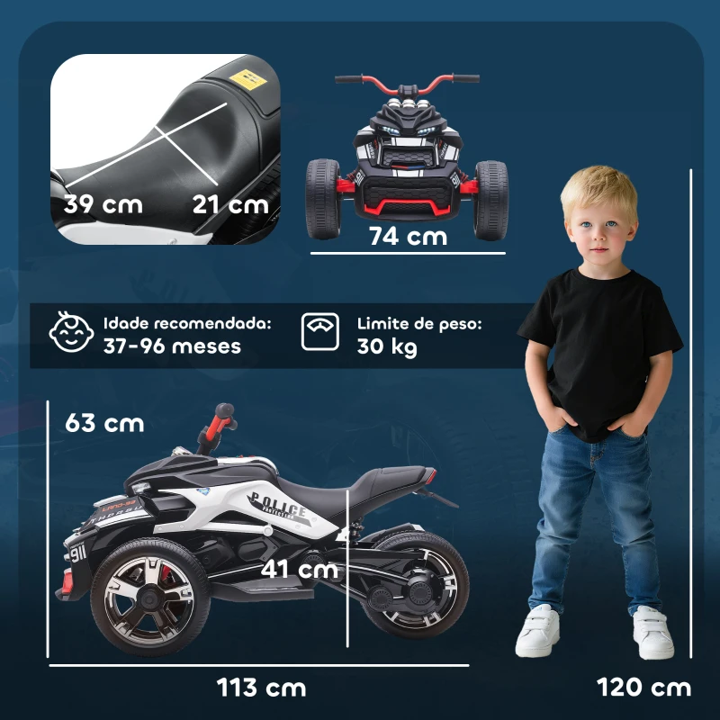AIYAPLAY Quadricilo Elétrico para Crianças 12V com 2 Motores Velocidade até 5 km/h 3 Rodas Faróis Buzina Música 113x74x63 cm Preto e Branco