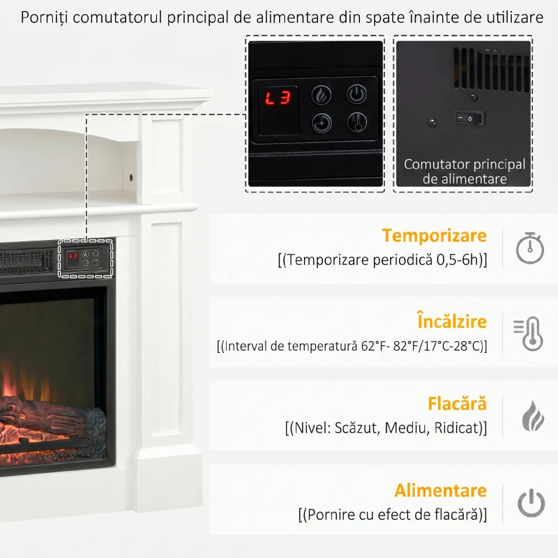 HOMCOM Șemineu Electric cu Efect de Flacără LED Reglabil 1800 W, Telecomandă, Timer și Raft Integrat, Alb