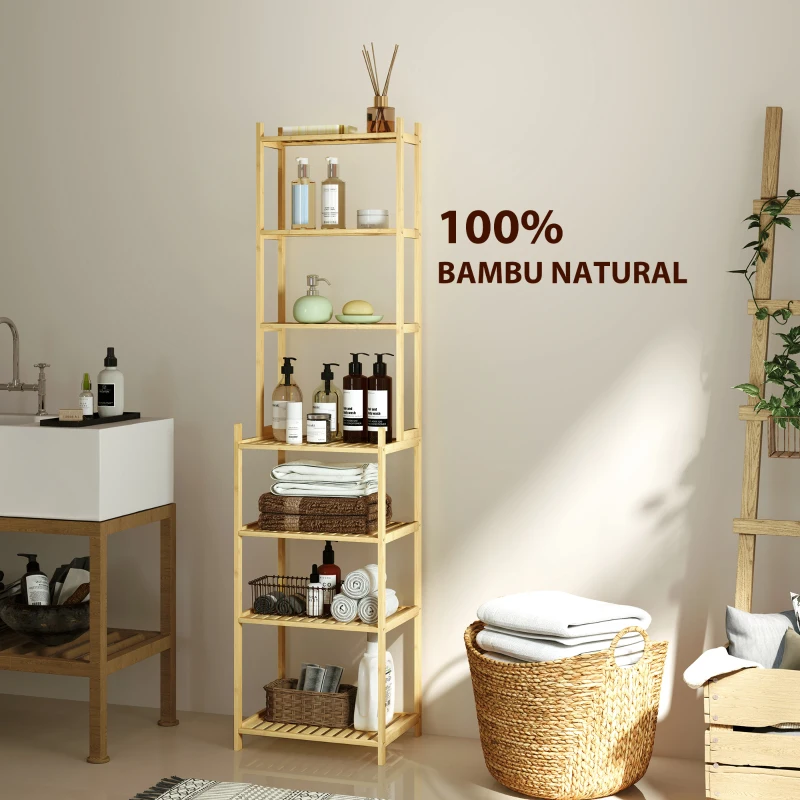 HOMCOM Estante de Casa de Banho de Bambu de 7 Níveis Estante de Arrumação com Desenho de Ripas 44x33x180 cm Madeira