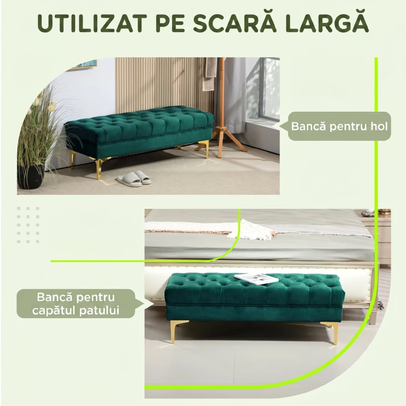 HOMCOM Banchetă pentru Capăt de Pat Tapițată cu Material Textil Matlasat cu Efect de Catifea, 118x45x42 cm, Verde Închis