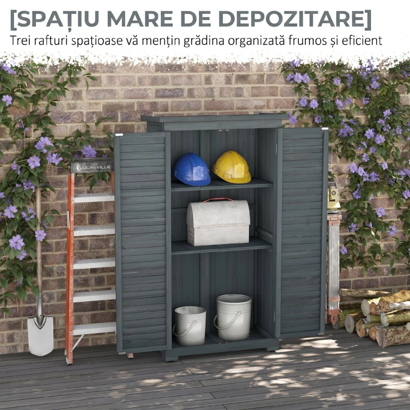 Outsunny Dulap de Exterior din Lemn cu 2 Uși Tip Jaluzea și Rafturi Interne, 87x46.5x160 cm, Gri
