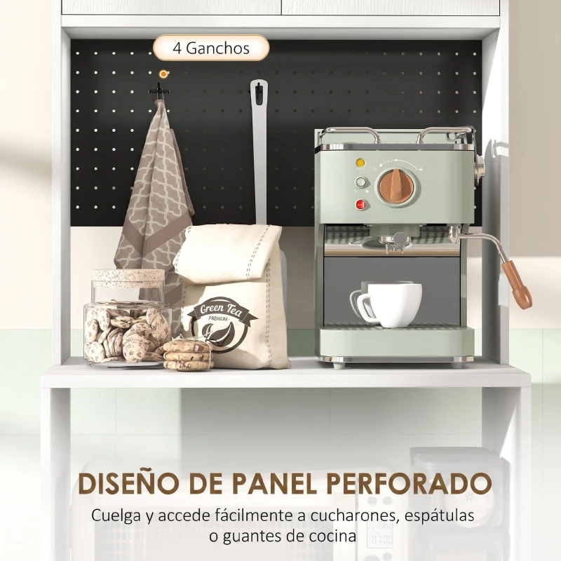 HOMCOM Mueble Auxiliar de Cocina con Soporte para Microondas 2 Cajones 2 Puertas y Panel Perforado de Metal Blanco