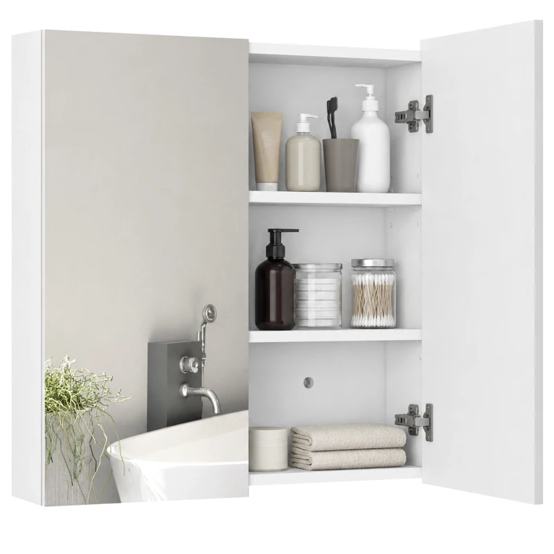 kleankin Dulap cu Oglindă pentru Baie cu 2 Uși Soft Close, 60x15x60 cm, Rafturi Reglabile, Dulap Suspendat Spațiu Economic, Alb Lucios