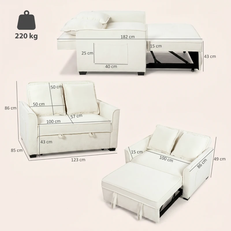 HOMCOM Sofá Cama 2 Plazas 3 en 1 con Respaldo Ajustable Bolsillos Laterales 2 Almohadas para Sala de Estar Blanco Crema