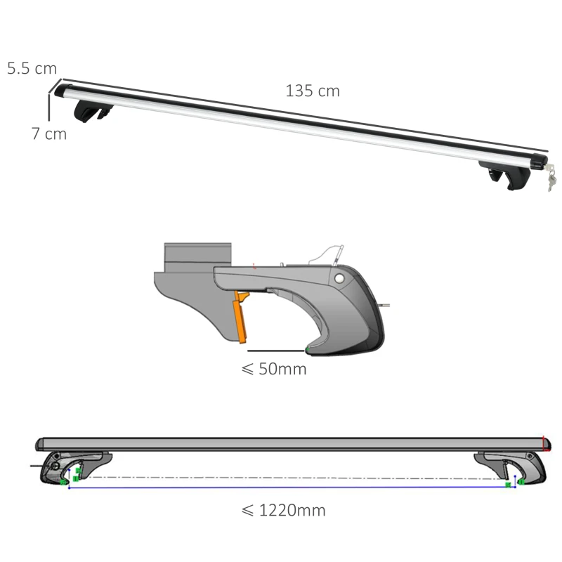 HOMCOM Bare transversale auto 135 cm, portbagaj blocabil cu 2 chei, compatibile cu șine laterale de 120 cm, argintie