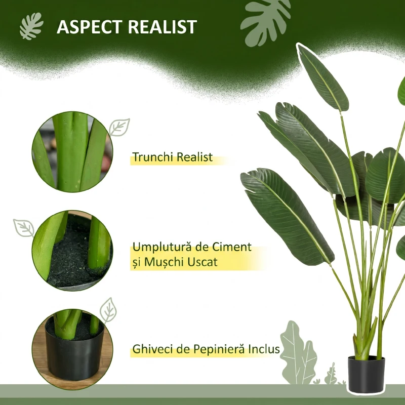 HOMCOM Bananier Artificial 160 cm cu Ghiveci și 10 Frunze Realiste, Plantă Artificială Tropicală pentru Decorațiuni Interioare și Exterioare, Verde
