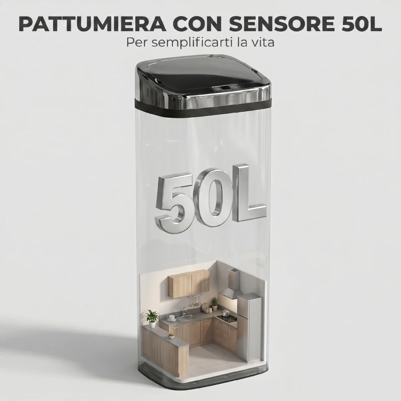 HOMCOM Cestino Spazzatura da 50L con Sensore, Pattumiera Intelligente con Apertura e Chiusura Automatica, Bidone per Rifiuti in Acciaio, 33x25x84 cm, Argento