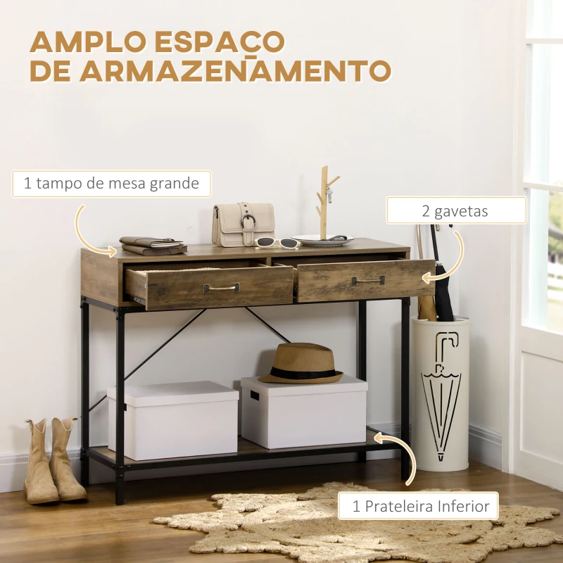 HOMCOM Mesa Consola Industrial Mesa de Sofá com 2 Gavetas e Prateleira para Entrada com Pés de Metal Castanho e Preto