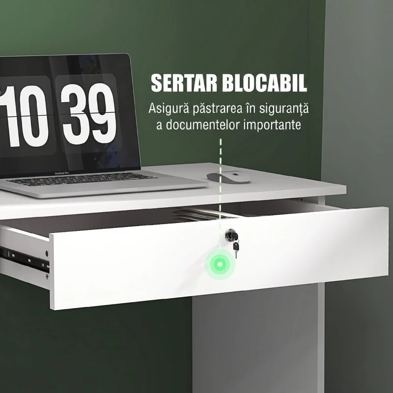 HOMCOM Birou modern cu 5 sertare și compartiment deschis cu încuietoare și 2 chei, 110x50x76cm, alb(m-5)