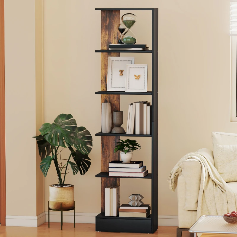 HOMCOM Bibliotecă Modernă Economisitoare de Spațiu cu 5 Rafturi din Lemn, 45x21x170 cm, Maro și Negru