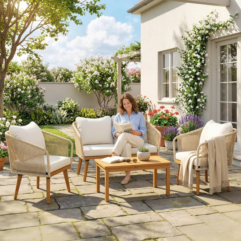 Outsunny Salon de Jardin 4 Pièces, Ensemble en Corde Tressée avec Structure en Acier et Bois d'Acacia, Coussins, Blanc Crème