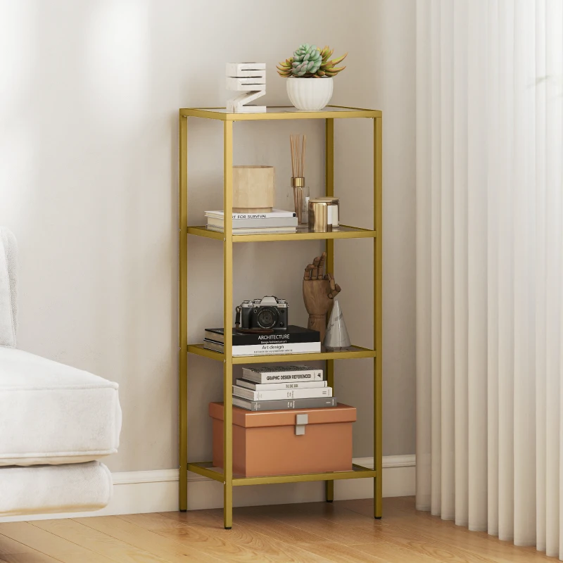HOMCOM Raft cu 4 Niveluri Minimal din Metal și Sticlă Temperată, 40x30x96,5 cm, culoare Aurie
