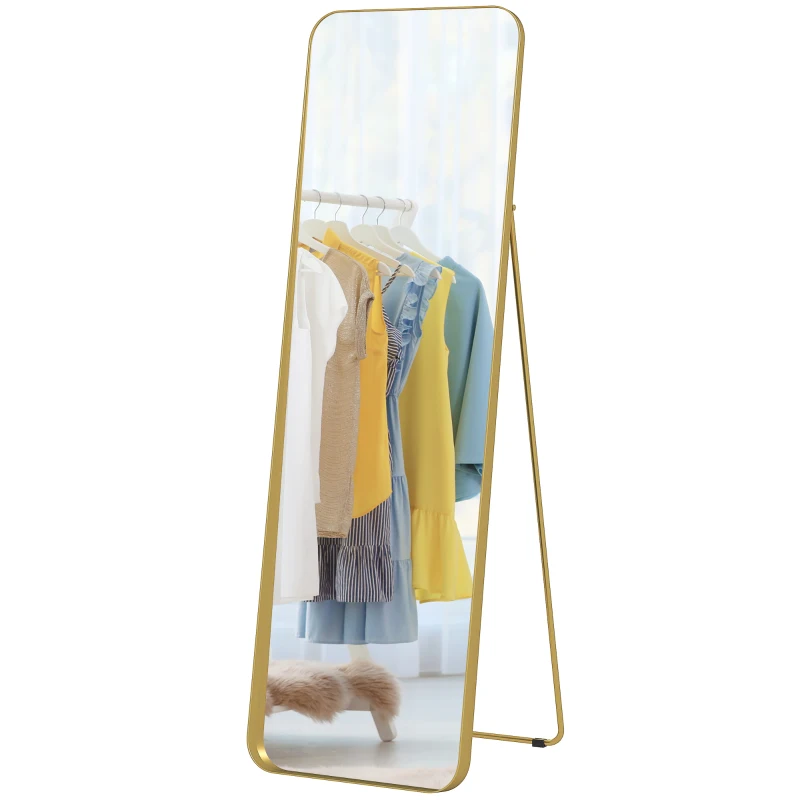HOMCOM Ganzkörperspiegel, freistehend, neigbar, Metallrahmen, MDF, 160 x 50 cm, Goldfarben