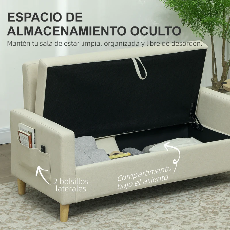 HOMCOM Sofá de 2 Plazas Tapizado en Lino Sintético con Espacio de Almacenaje 2 Almohadas y Patas de Madera 135x71x84 cm Beige