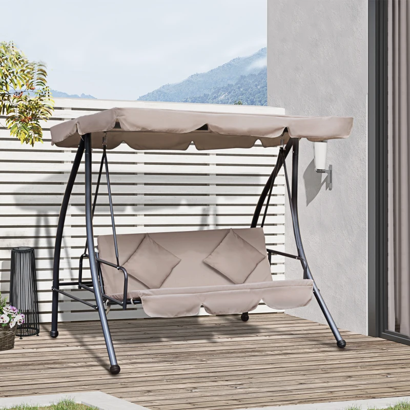 Outsunny Balancelle de Jardin Convertible 3 Places Grand Confort Inclinaison Toit réglable Matelas fourni 2L x 1,25l x 1,7H m métal Polyester Noir et Beige
