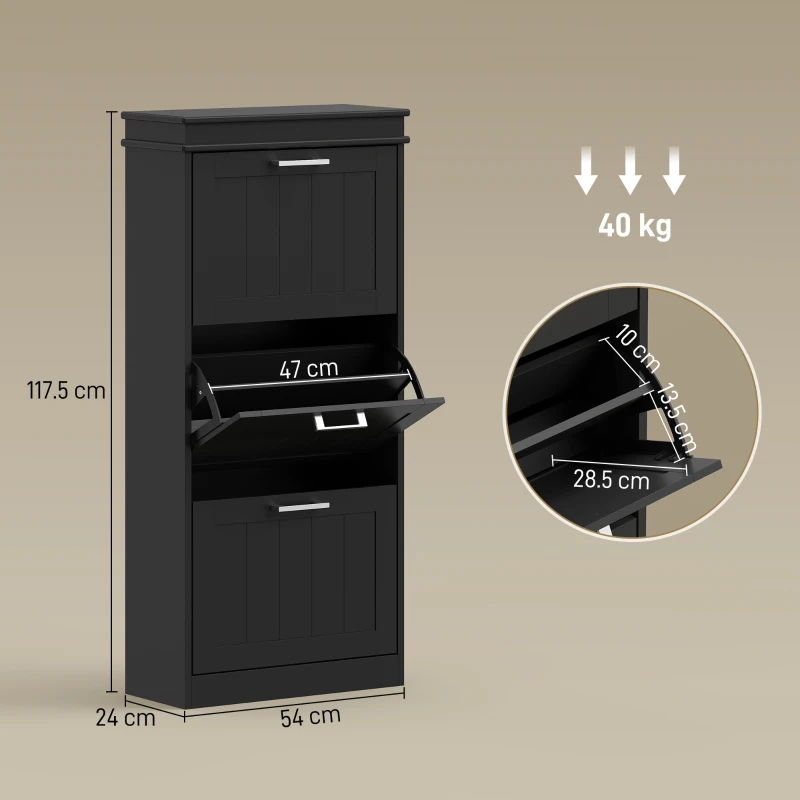 HOMCOM Dulap Modern pentru Pantofi cu 3 Sertare Rabatabile pentru 15 Perechi de Pantofi și Raft Reglabil, 54x24x117.5cm, Negru