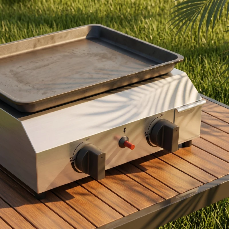Outsunny Plită de grătar pe gaz cu 2 arzătoare, suprafață antiaderentă și putere de 4,8 kW, argintiu