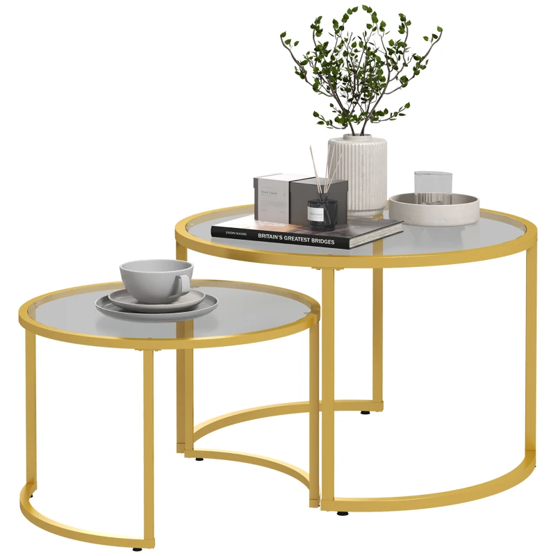 HOMCOM Lot de 2 tables basses gigognes rondes plateau verre trempé et pied en acier au carbone doré