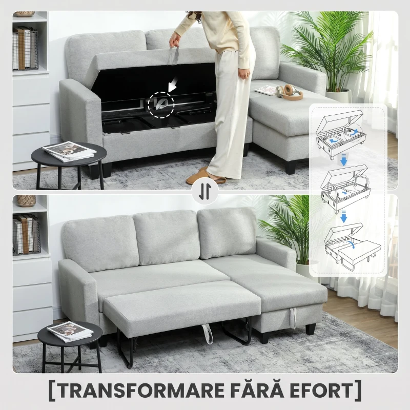 HOMCOM Canapea extensibilă cu 3 locuri, șezlong și spațiu de depozitare, material textil cu efect de in, 197x129x85 cm, gri și negru