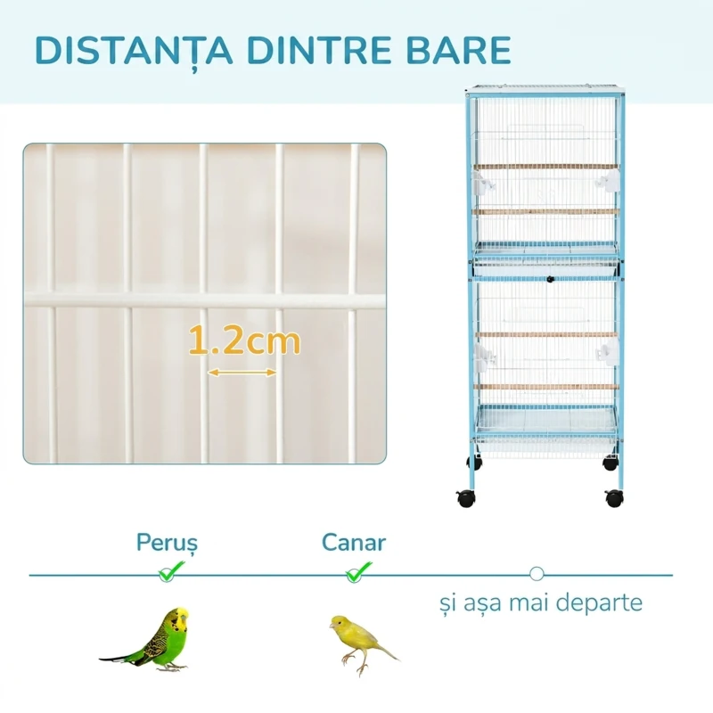 PawHut Colivie pentru Pasari 2 in 1 Voliera pentru Interior cu 4 Roti Pivotante, Tavi Detasabile si Recipiente din plastic, 51,5x50x140cm, Albastra