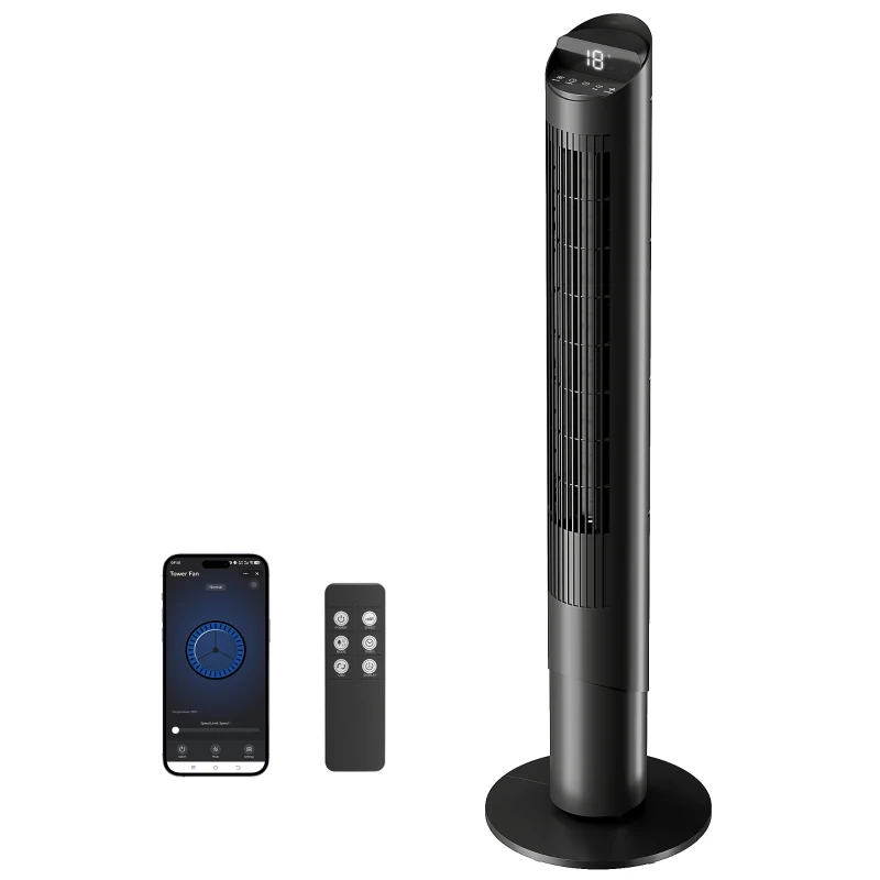 HOMCOM 116 cm Turmventilator, Standventilator mit Fernbedienung WiFi App-Steuerung, 65° Oszillation 6 Geschwindigkeiten 4 Modi