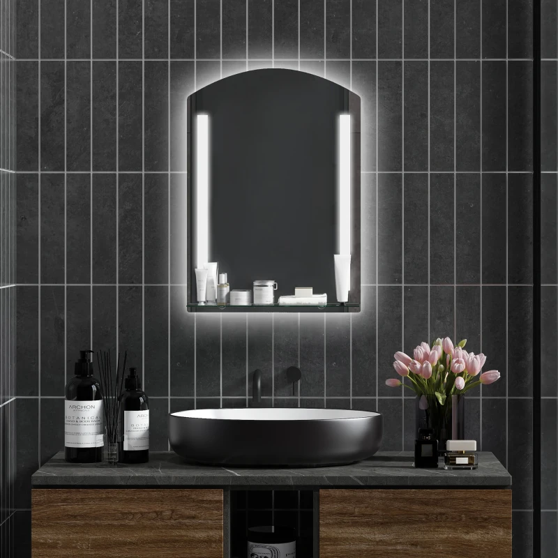 kleankin Oglindă de baie cu lumină LED reglabilă în 3 culori și raft din sticlă, 50x12x70 cm, argintiu