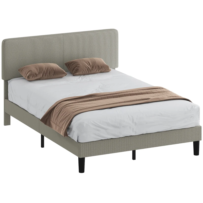 HOMCOM Cadre de lit 140 x 190 cm, sommier à lattes en bois, tête de lit réglable, lit double rembourré en velours côtelé, gris