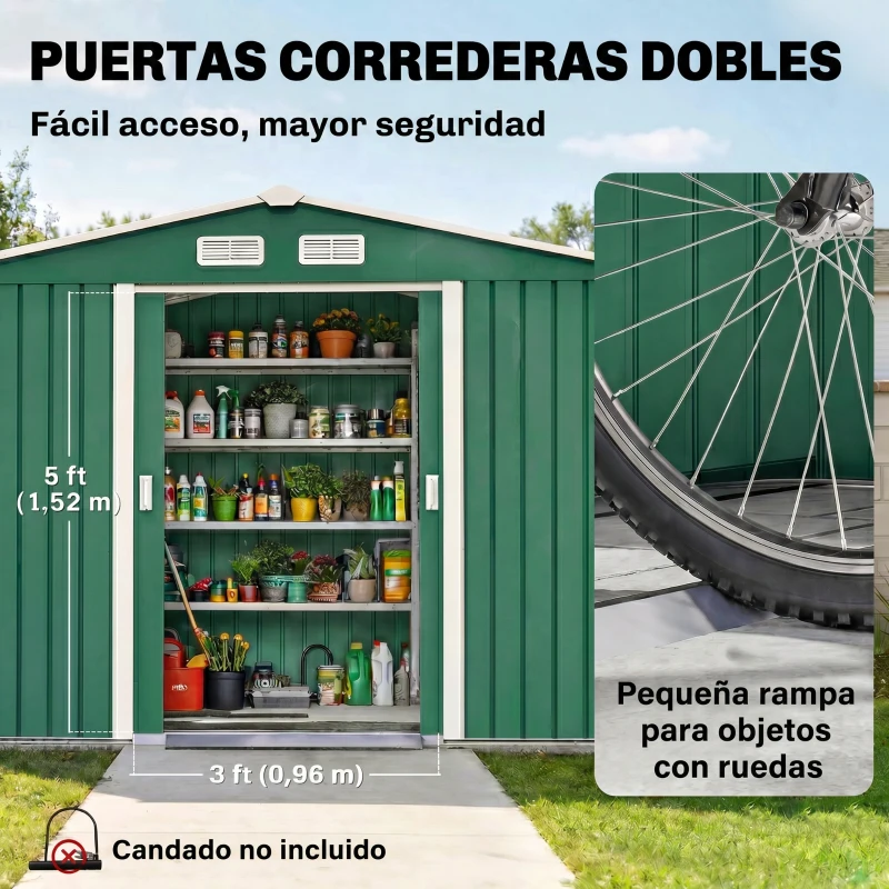 Outsunny Cobertizo de Jardín 4,9 m² 277x195x192 cm con 2 Puertas Corredizas Base Refuerzo (Suelo NO Incluido) Verde Oscuro