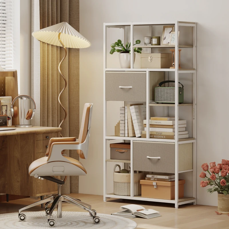 HOMCOM Étagère de rangement 6 niveaux, bibliothèque avec 2 tiroirs en tissu, 9 étagères ouvertes, 72,5 x 30 x 150 cm, blanc