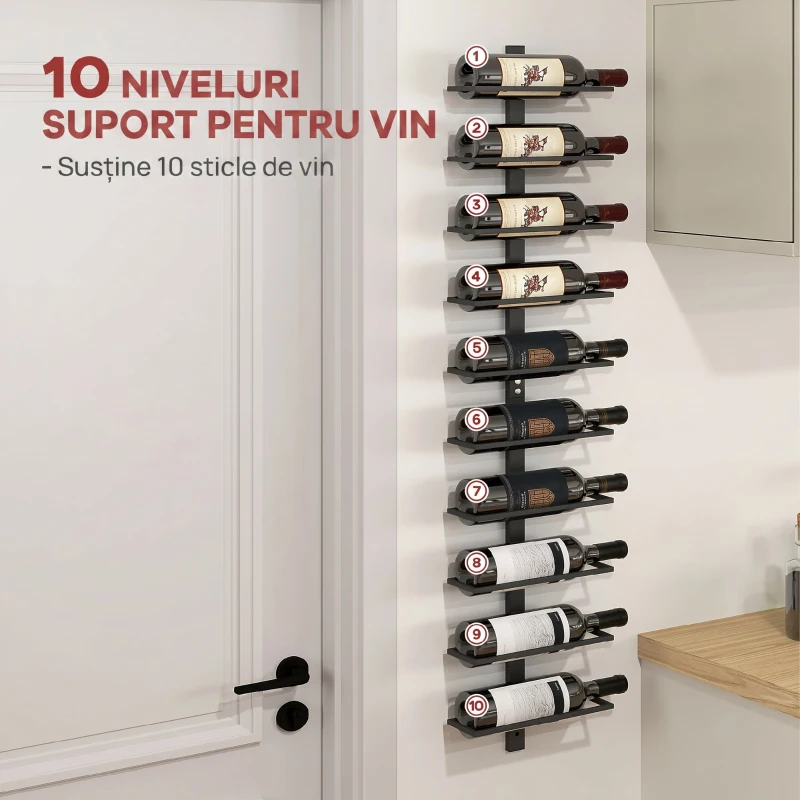 HOMCOM Suport de sticle de perete cu 10 rafturi din oțel, negru, pentru 10 sticle, 27x10x116 cm