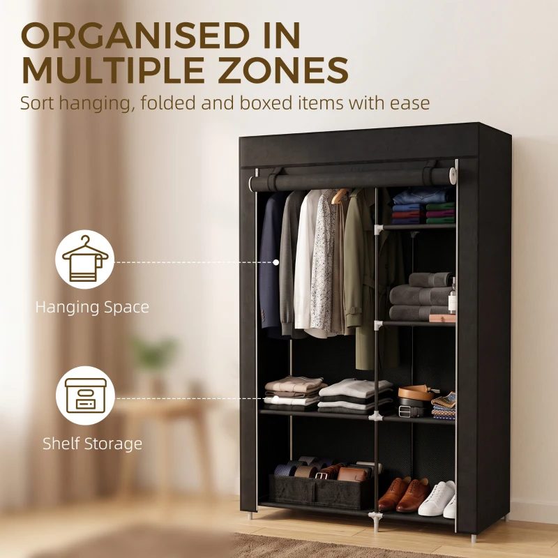 HOMCOM Fabric Wardrobe, Portable Wardrobe with 6 Shelves, 1 Hanging Rail, Foldable Closets, 103 x 43 x 162.5 cm, Black