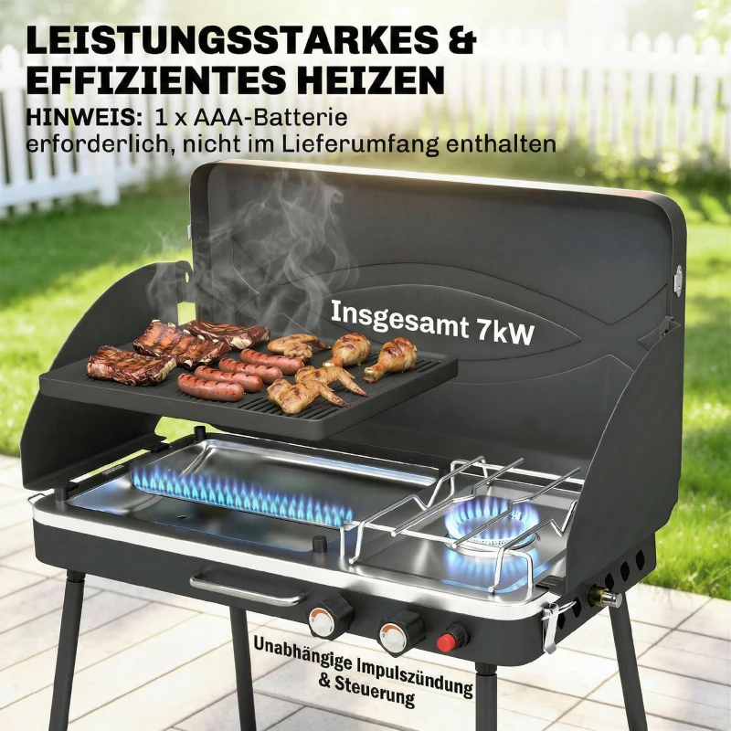Outsunny Tragbarer Gasgrill 2 Brenner 7 kW 2-in-1 Tischgrill mit Braten klappbar Beinen Grillrost Windschutz Deckel Verschluss