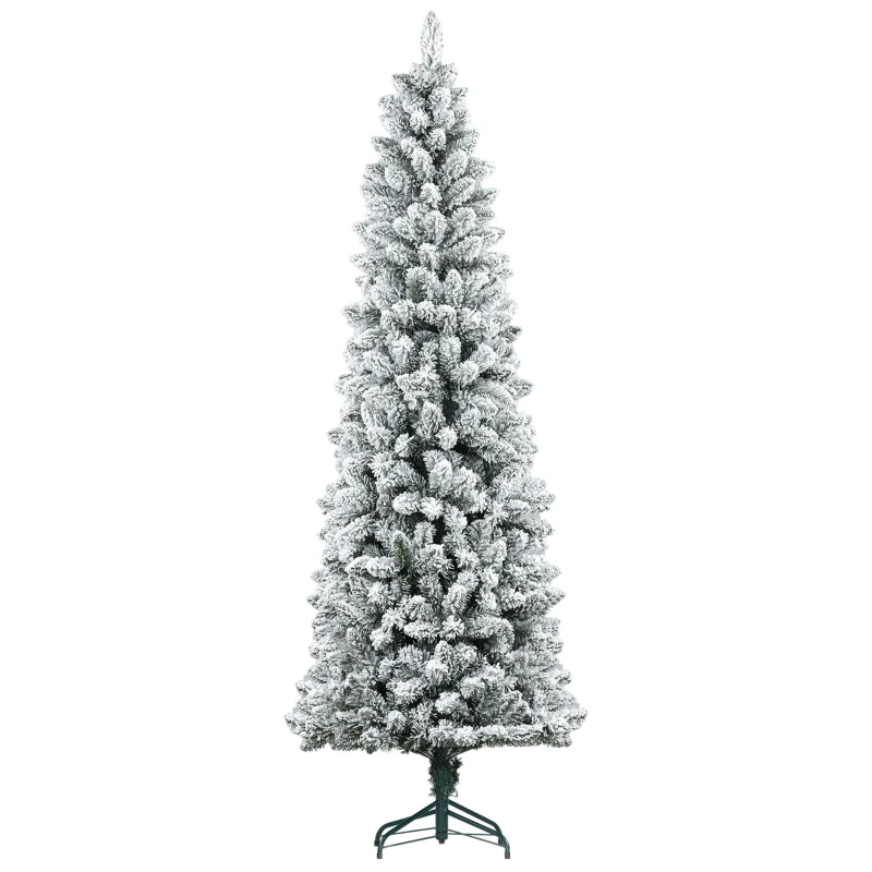 HOMCOM Künstlicher Weihnachtsbaum, flammenhemmend, mit Kunstschnee, schlank, Stahlfuß, 75 x 210 cm, Grün
