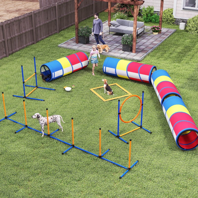 PawHut Équipement d'Agilité pour Chien 12 Pièces, 4 Tunnels, Sauts Ajustables, Anneau, Slaloms, 357x65x68cm, Multicolore